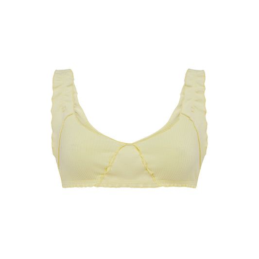 Yellow ribbed bralette with ruffled straps and scalloped sweetheart neckline