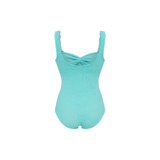 Mint one-piece swimsuit with wave ruffle trim and center tie