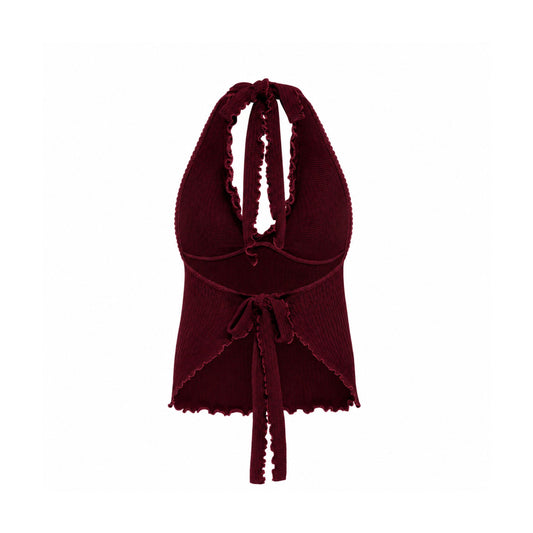 Back of burgundy halter tankini top with long tie straps