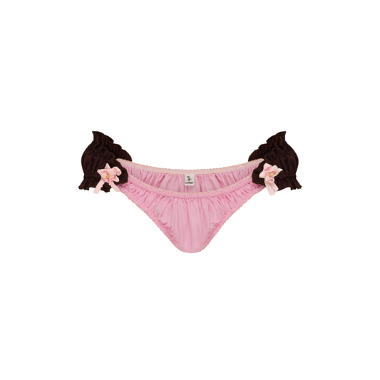 Pink tanga underwear with brown rosette bows at sides