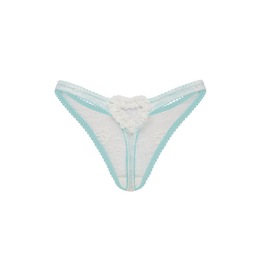 Back view lace thong, light aqua trim with white lace mesh