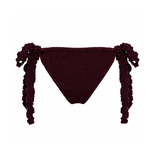 Bikini tanga bottoms with side tie tassels and gathered triangle front