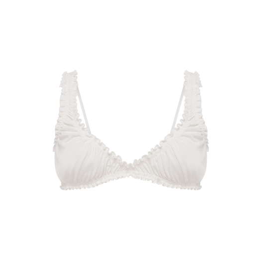 White ruched bralette top with scalloped trim and wide shoulder straps