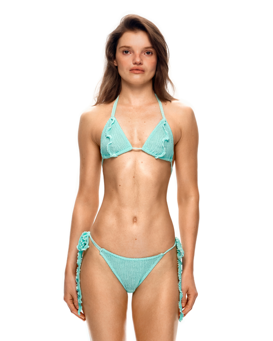 Mint triangle bikini top with tie straps and tassel trim at cups