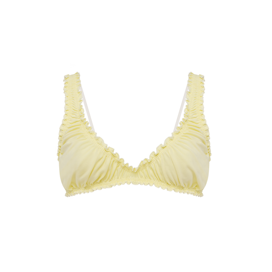 Yellow ruched bralette top with V neckline, gathered cups, and wide ruched straps