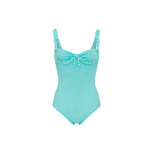 Mint one-piece swimsuit with wave ruffle trim and tie front