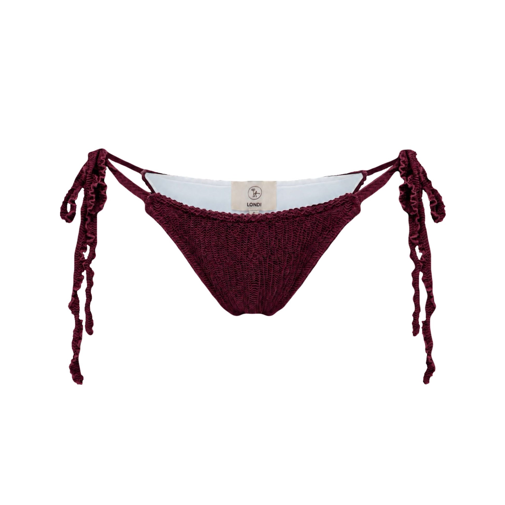 Bikini bottoms with side tie strings, dark textured knit swimwear