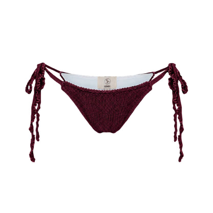 Bikini bottoms with side tie strings, dark textured knit swimwear