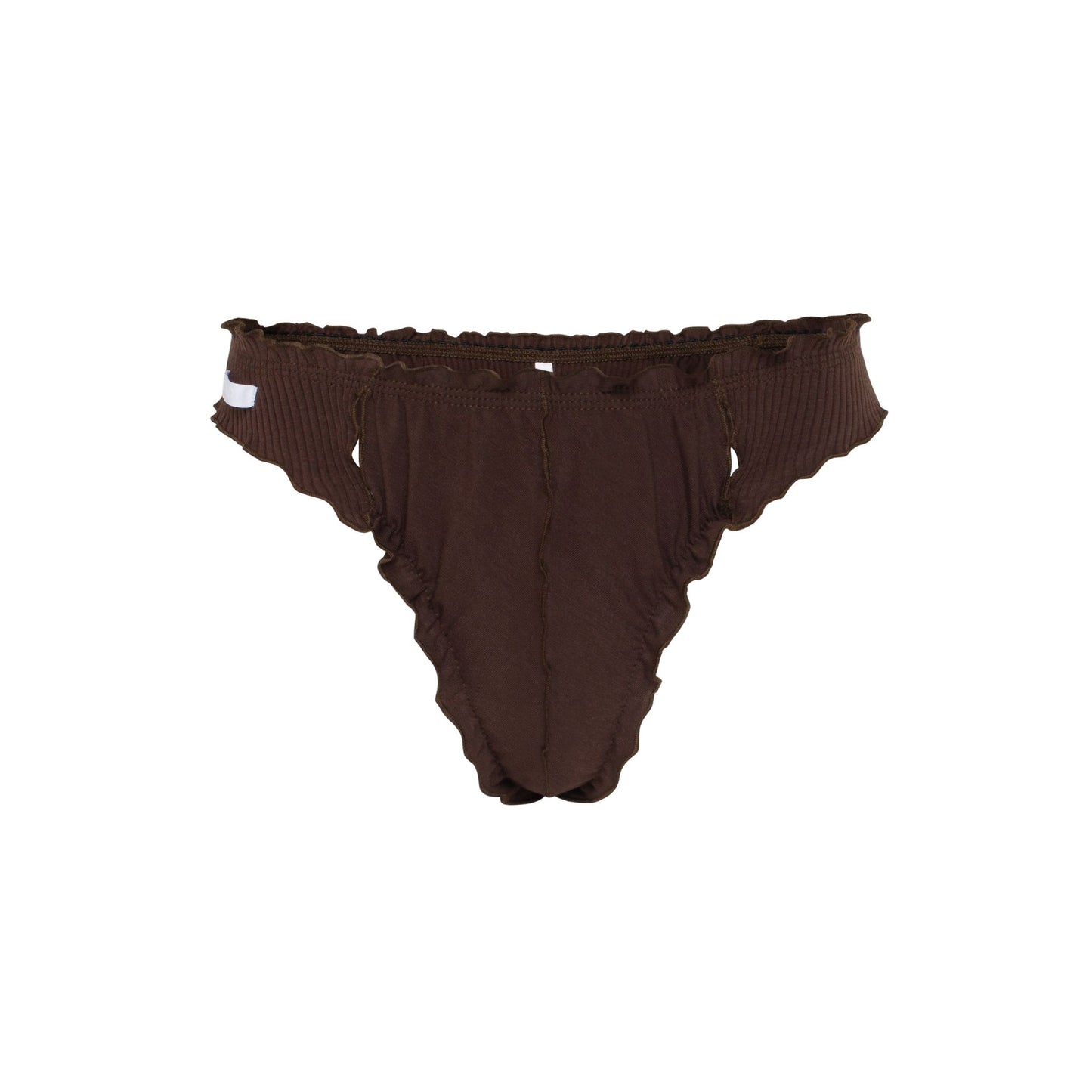 Brown wavy thong underwear with scalloped edges and front seam detail
