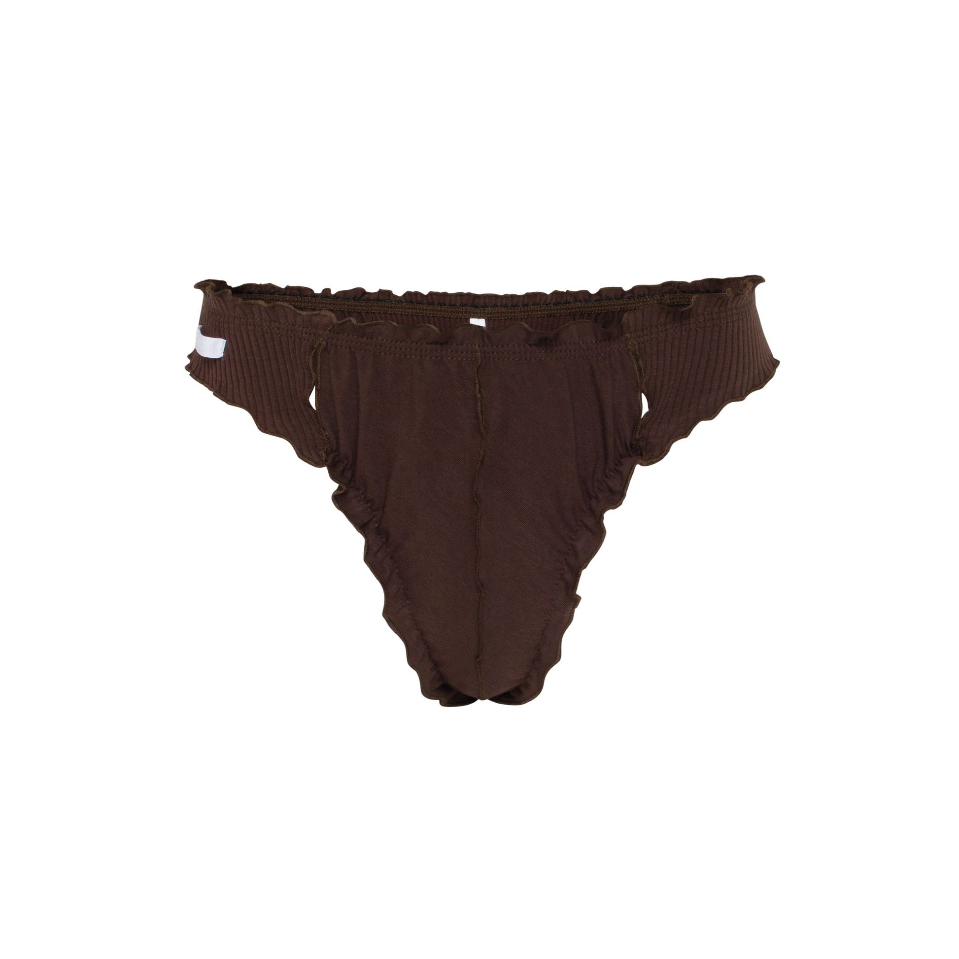 Brown wavy thong underwear with scalloped edges and front seam detail