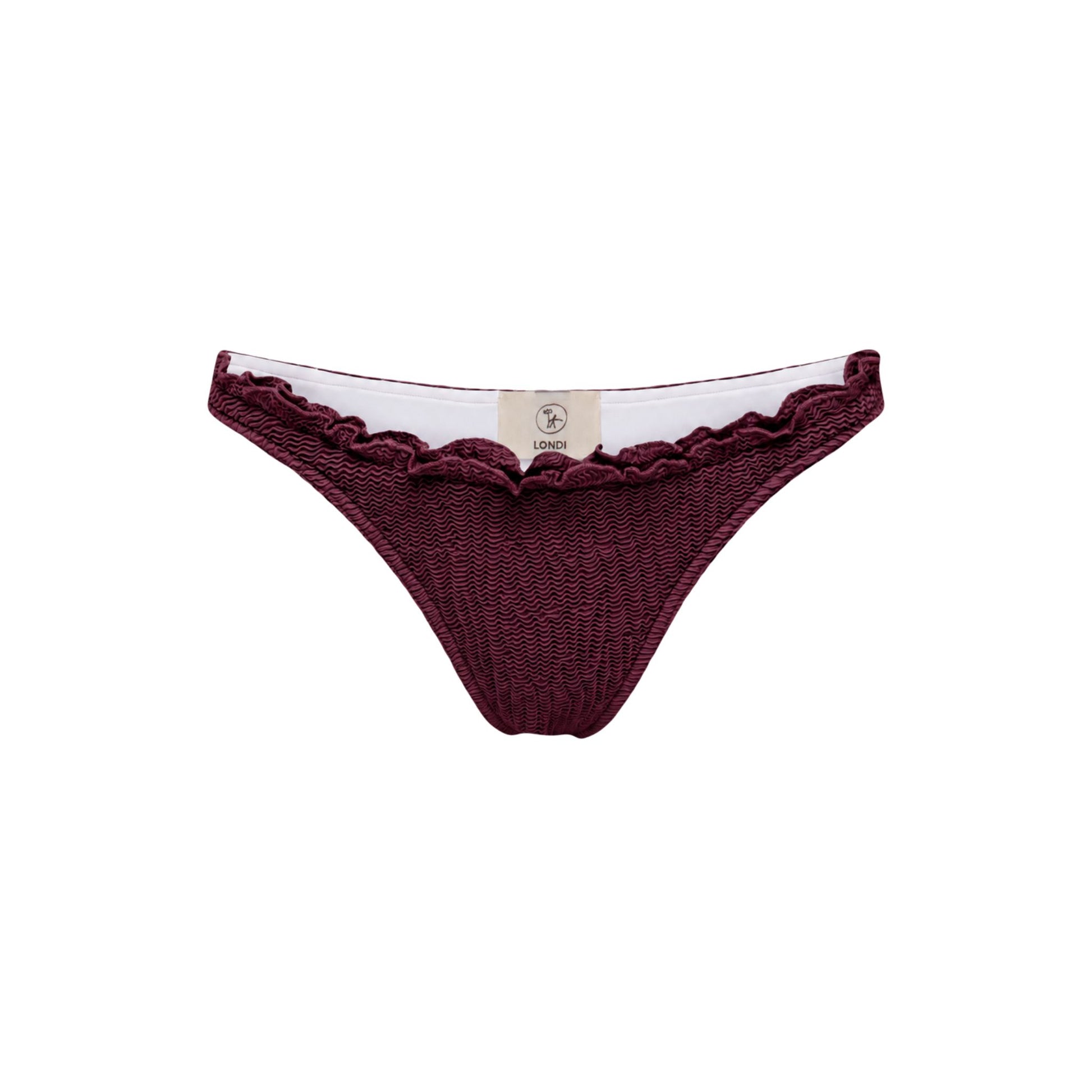 Brown bikini bottoms with ruffled trim and textured knit
