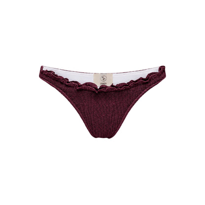 Brown bikini bottoms with ruffled trim and textured knit
