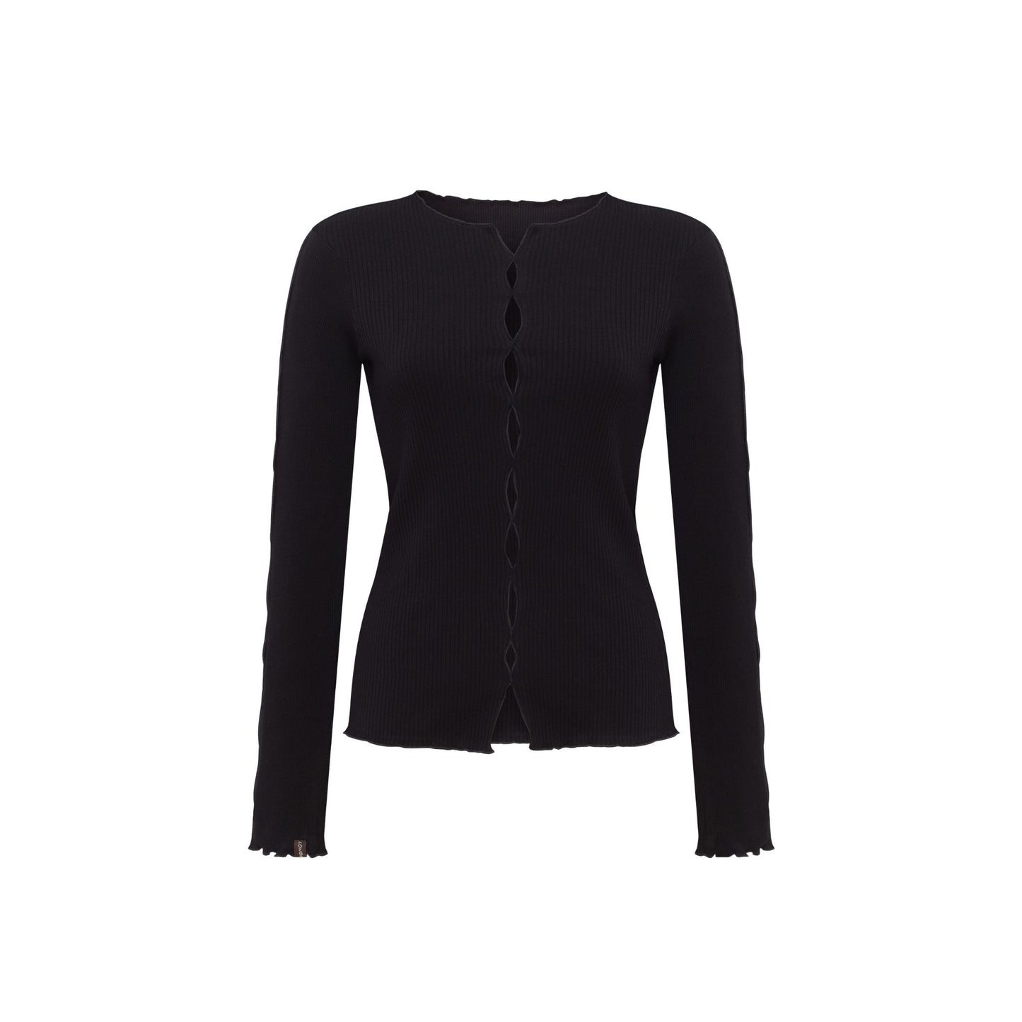 Black long-sleeve draped top with ribbed texture and vertical button placket