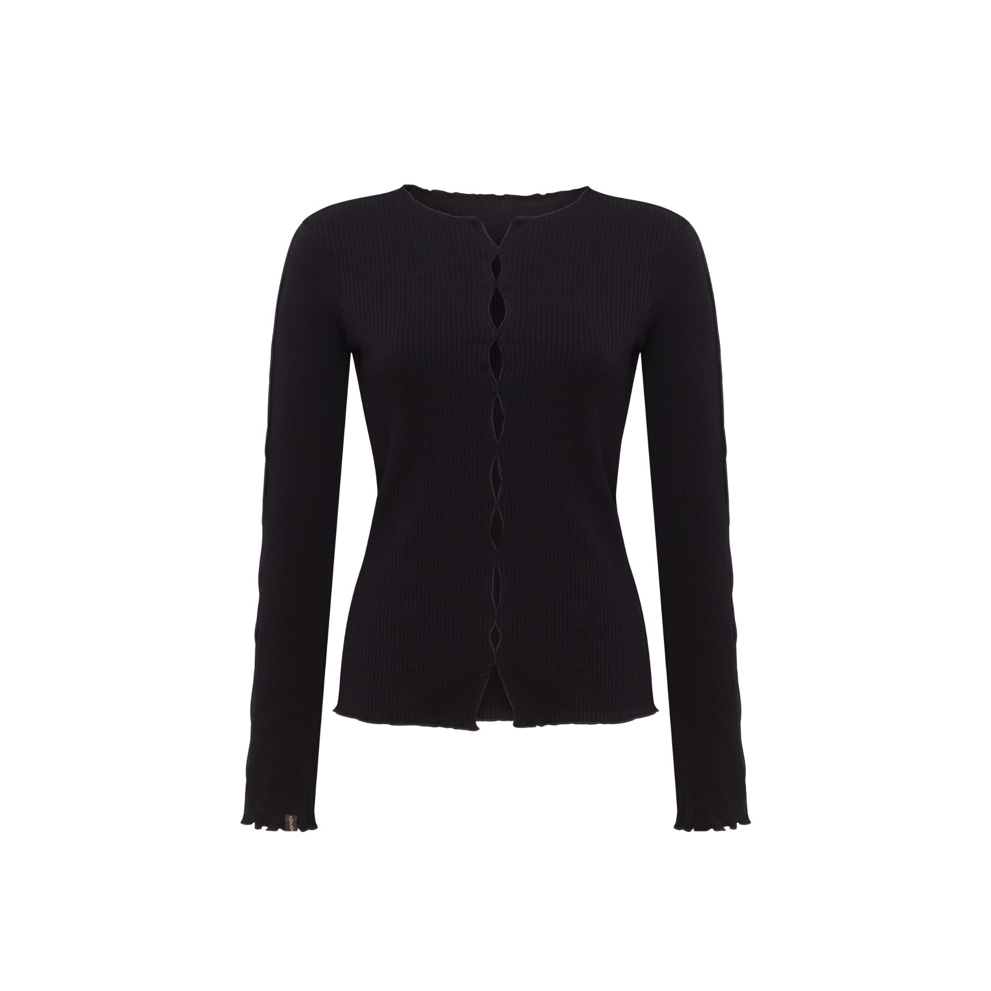 Black long-sleeve draped top with ribbed texture and vertical button placket