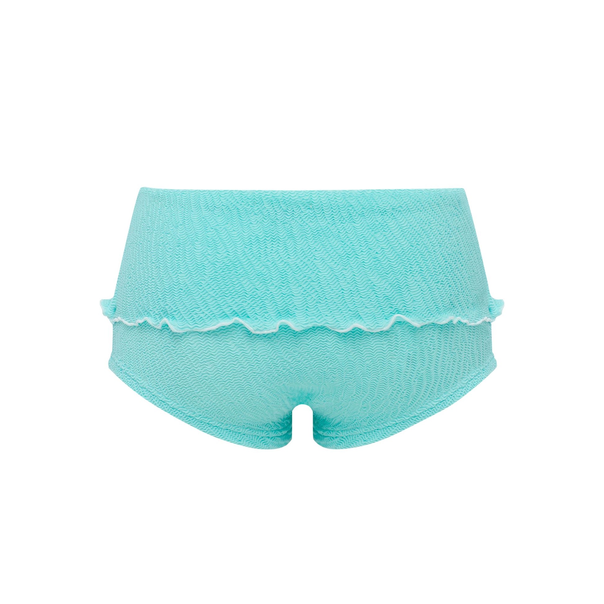 Mint swim shorts with scalloped hem, back view