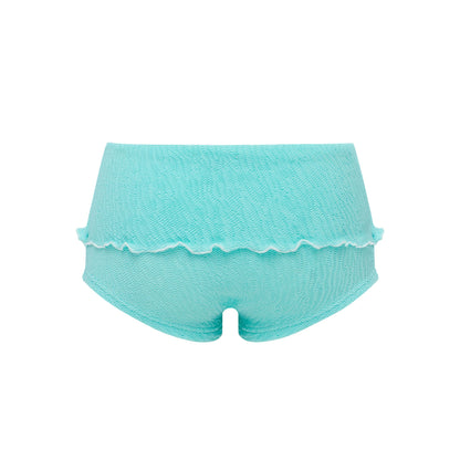Mint swim shorts with scalloped hem, back view