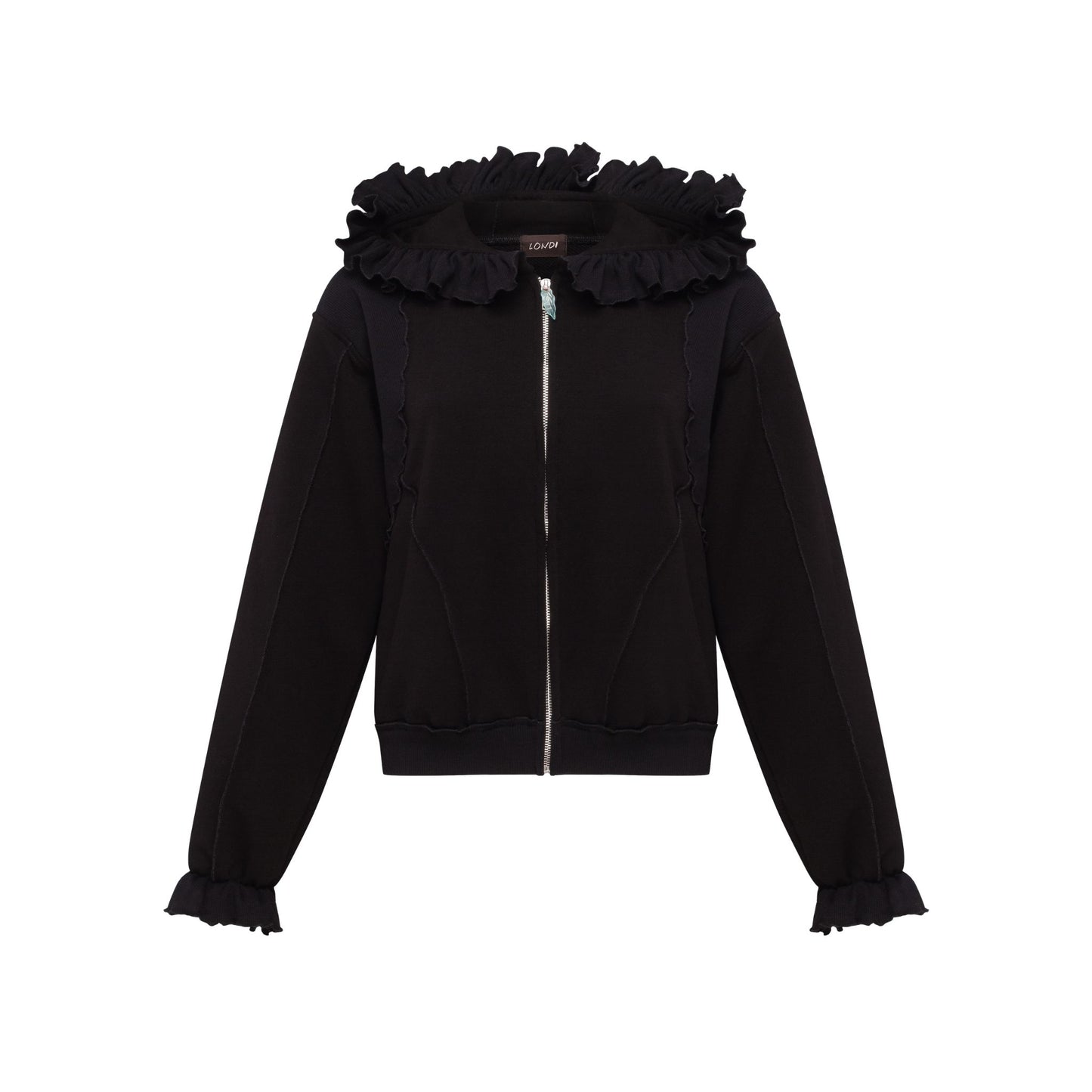 Black zip-up hoodie with ruffled hood and front zipper