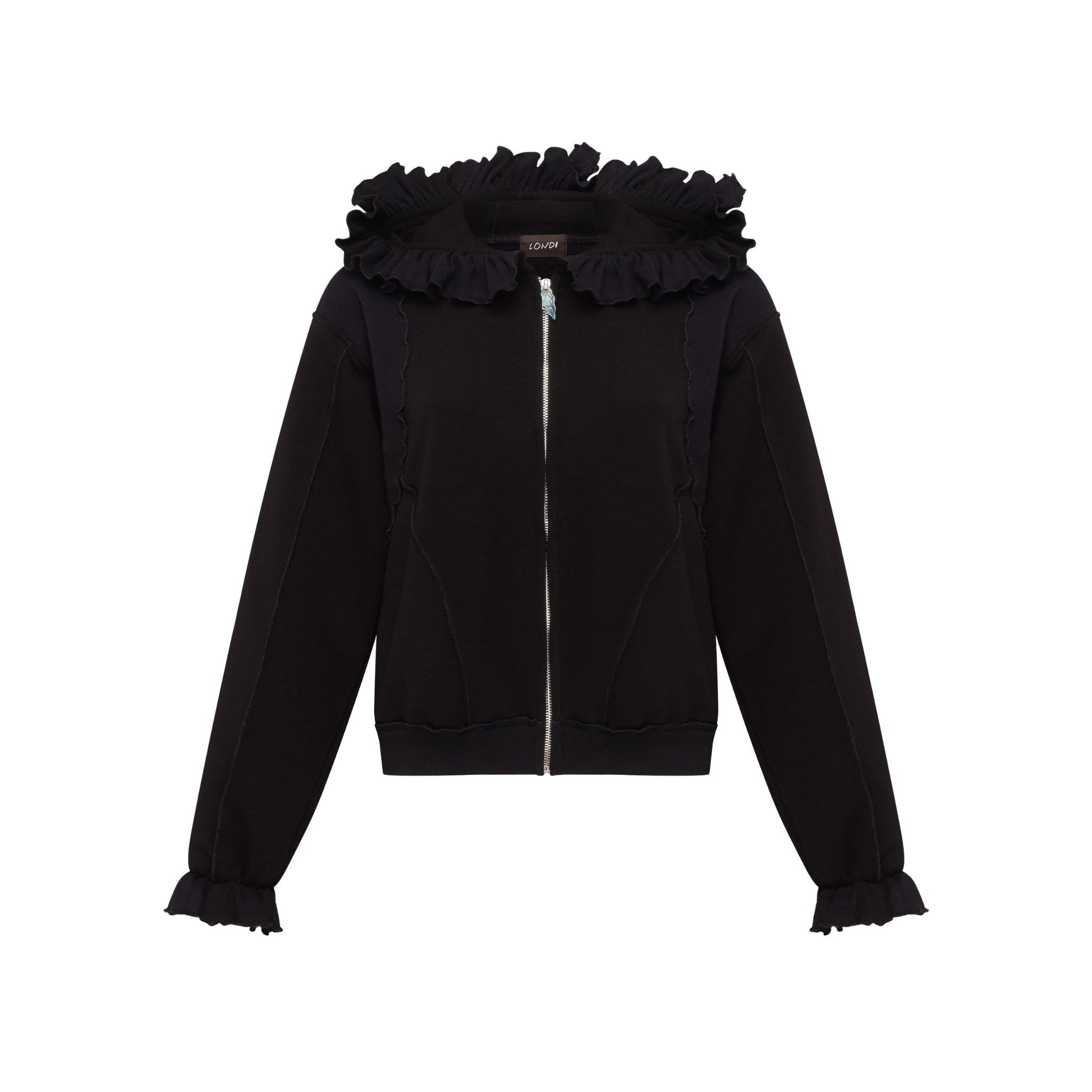 Black zip-up hoodie with ruffled hood and front zipper