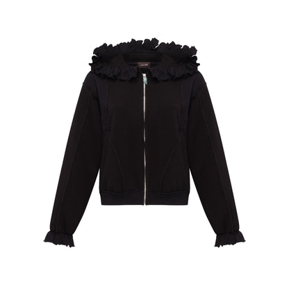 Black zip-up hoodie with ruffled hood and front zipper