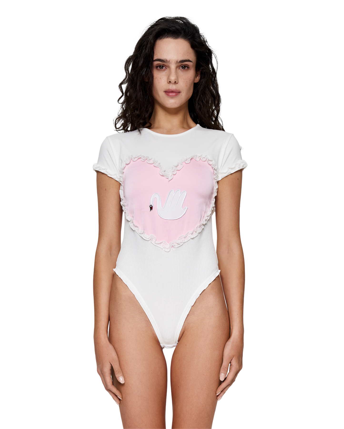 White ribbed bodysuit with short sleeves and pink heart with swan appliqué