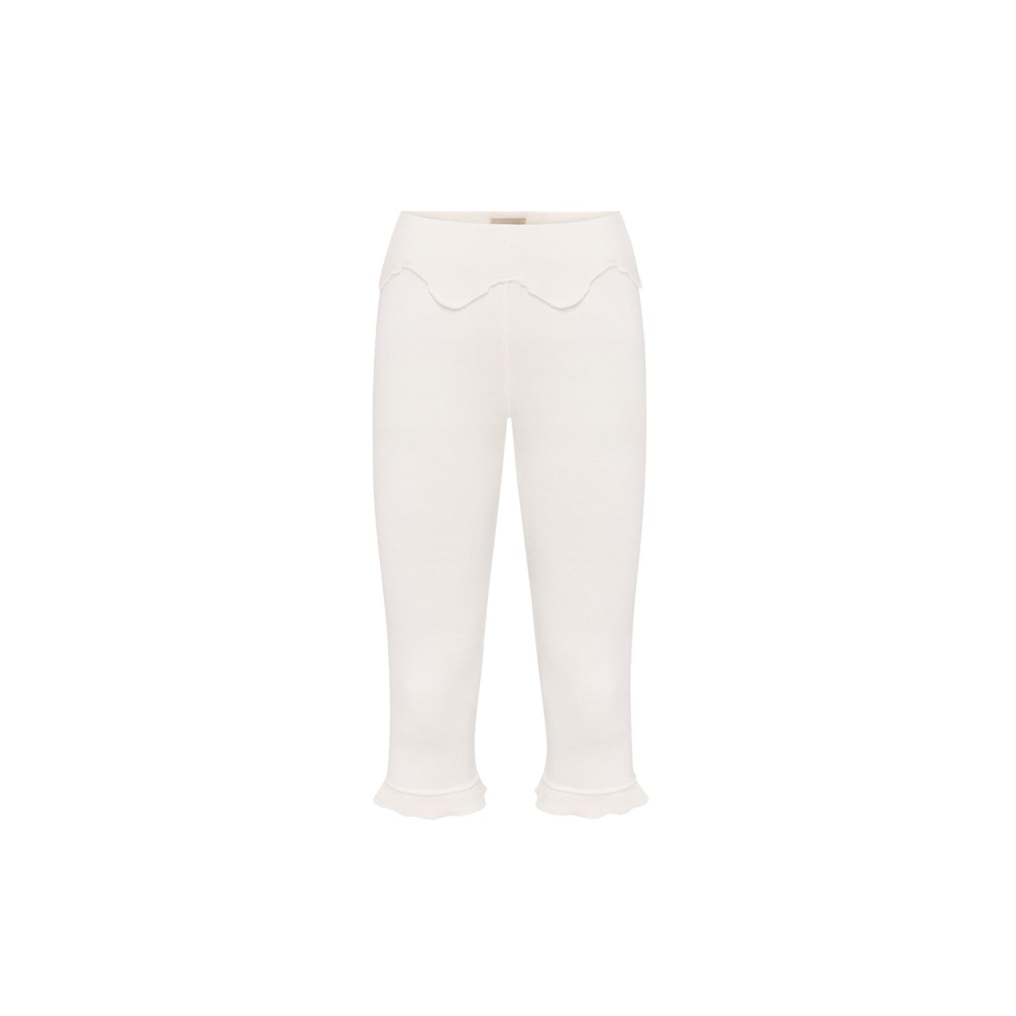 White wavy capri pants with scalloped waist detail and cropped flared cuffs.