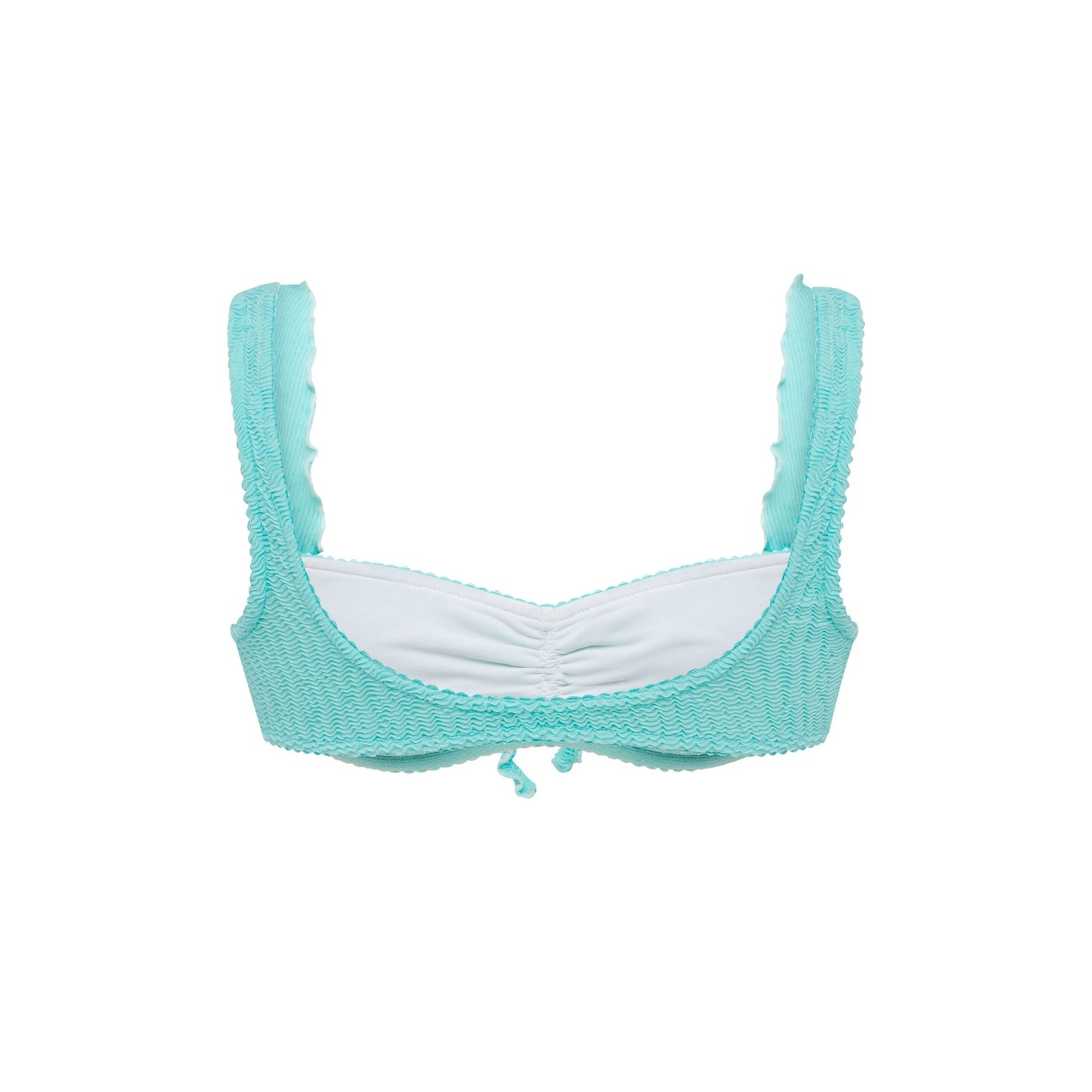 Mint bikini top with ruffled trim, scoop neckline, and adjustable center tie.