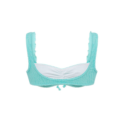 Mint bikini top with ruffled trim, scoop neckline, and adjustable center tie.