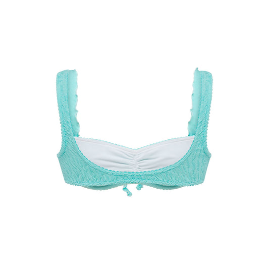 Mint bikini top with ruffled trim, scoop neckline, and adjustable center tie.