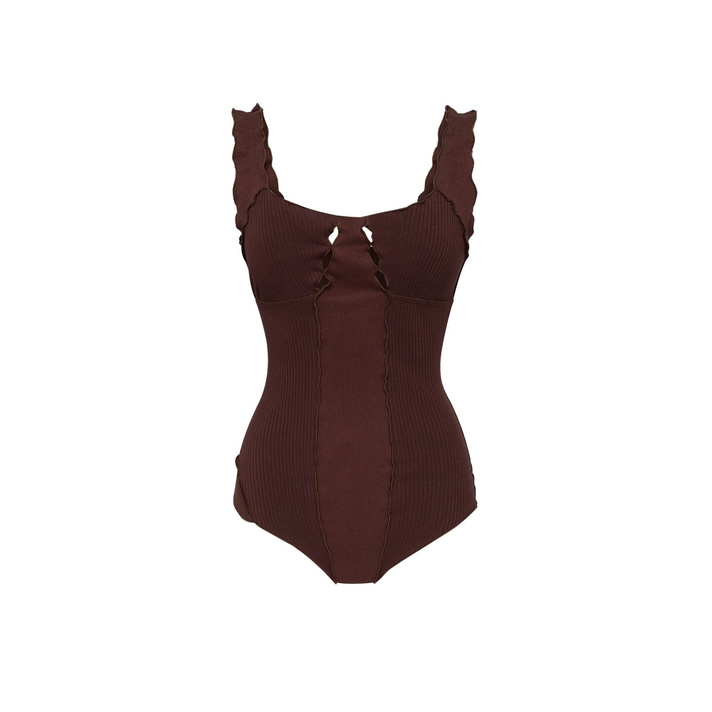 Brown wavy-rib bodysuit with scoop neckline and ruched cutout straps at bust