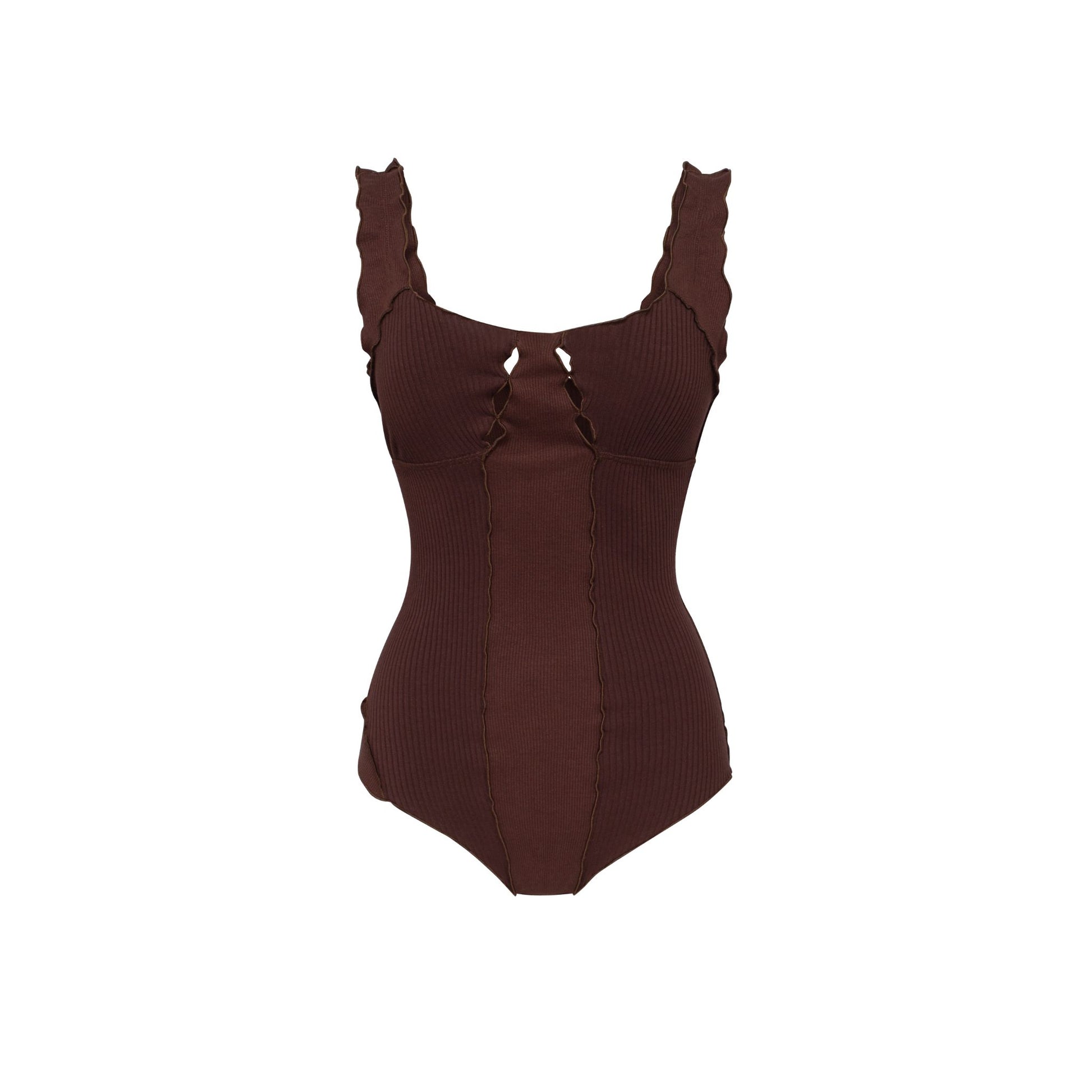 Brown wavy-rib bodysuit with scoop neckline and ruched cutout straps at bust