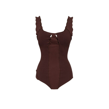 Brown wavy-rib bodysuit with scoop neckline and ruched cutout straps at bust