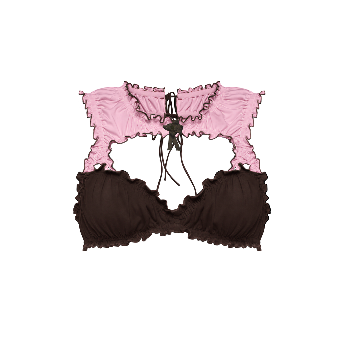 Two-tone rosette bralette top with pink ruffle trim and dark cups