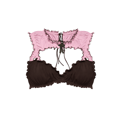 Two-tone rosette bralette top with pink ruffle trim and dark cups