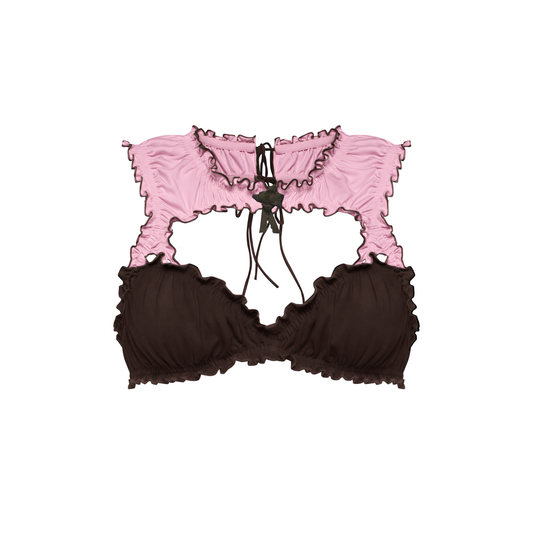 Two-tone rosette bralette top with pink ruffle trim and dark cups