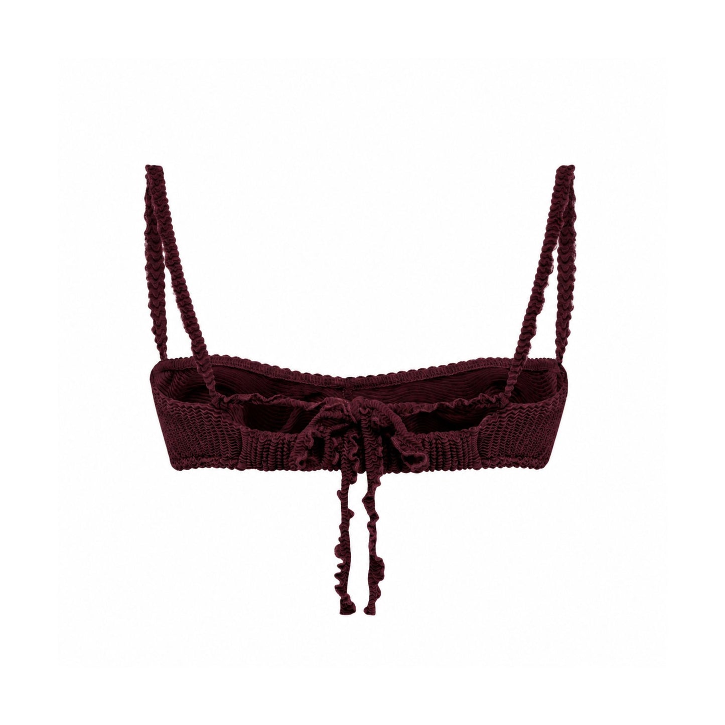 Bikini top with ruffled wave hem and tie details, dark burgundy