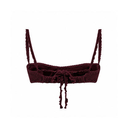 Bikini top with ruffled wave hem and tie details, dark burgundy