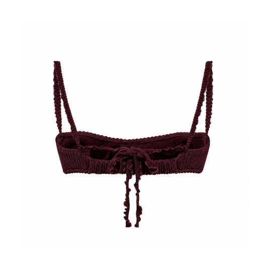 Bikini top with ruffled wave hem and tie details, dark burgundy