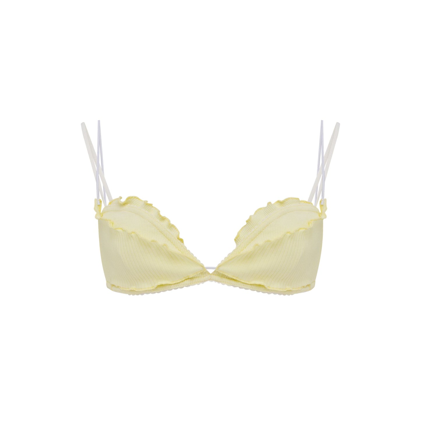 Pale yellow layered underwire bra with scalloped lace trim and thin adjustable straps