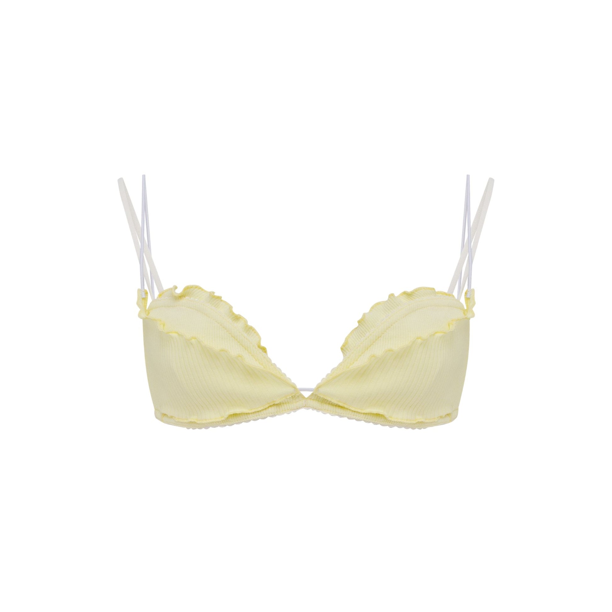 Pale yellow layered underwire bra with scalloped lace trim and thin adjustable straps