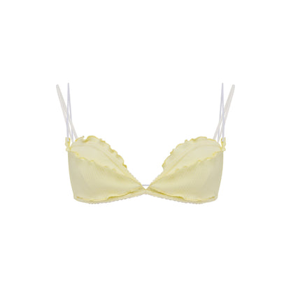Pale yellow layered underwire bra with scalloped lace trim and thin adjustable straps