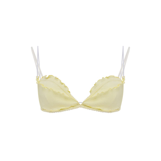 Pale yellow layered underwire bra with scalloped lace trim and thin adjustable straps