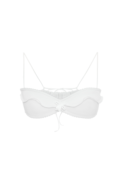 White wave bralette with underwire cups, thin straps, and center bow