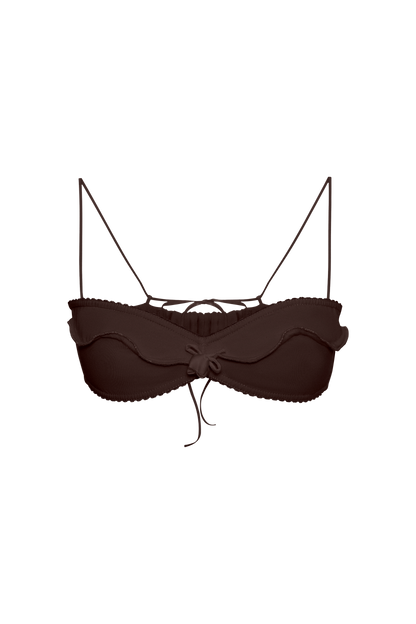 Brown wave bralette with thin adjustable straps, ruffled underbust edge, center tie
