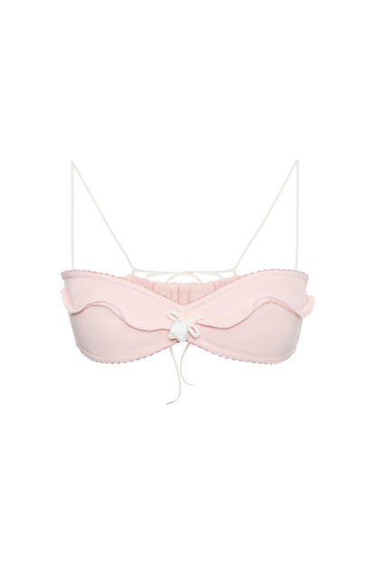 Pink wave-ruffle bralette with thin adjustable straps and tie front detail