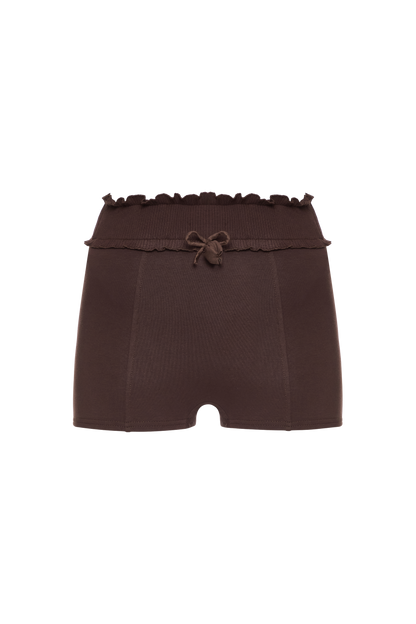 Brown shorts with elastic ruffle waistband and bow