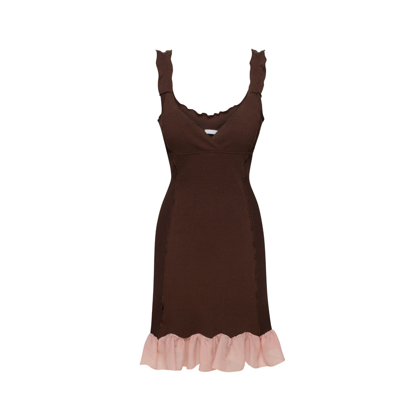 Brown ribbed mini dress with pink ruffle hem and spaghetti straps