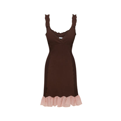 Brown ribbed mini dress with pink ruffle hem and spaghetti straps