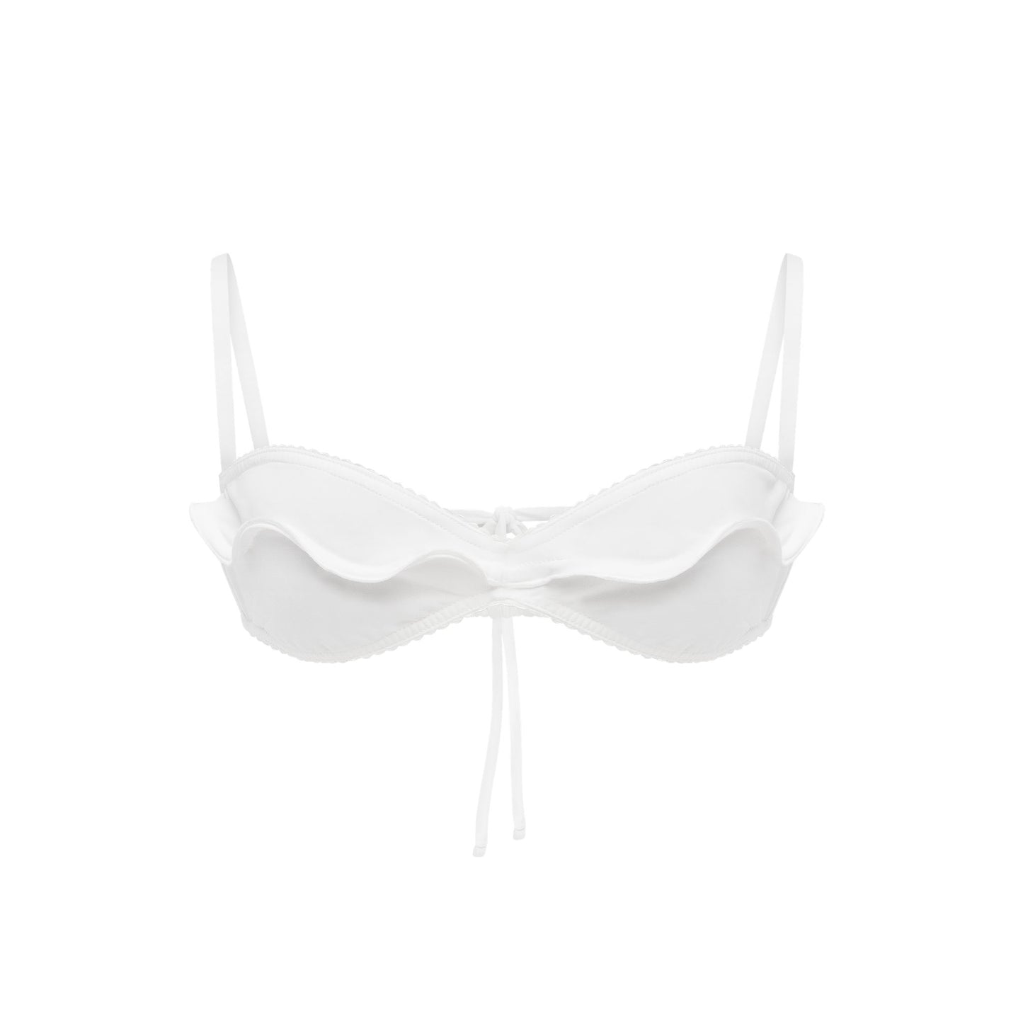 White wave bikini top with scalloped cups and center tie