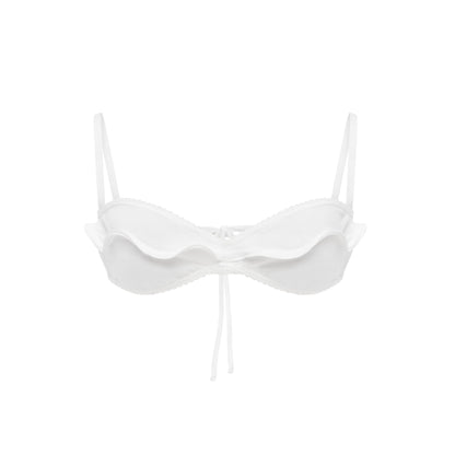 White wave bikini top with scalloped cups and center tie
