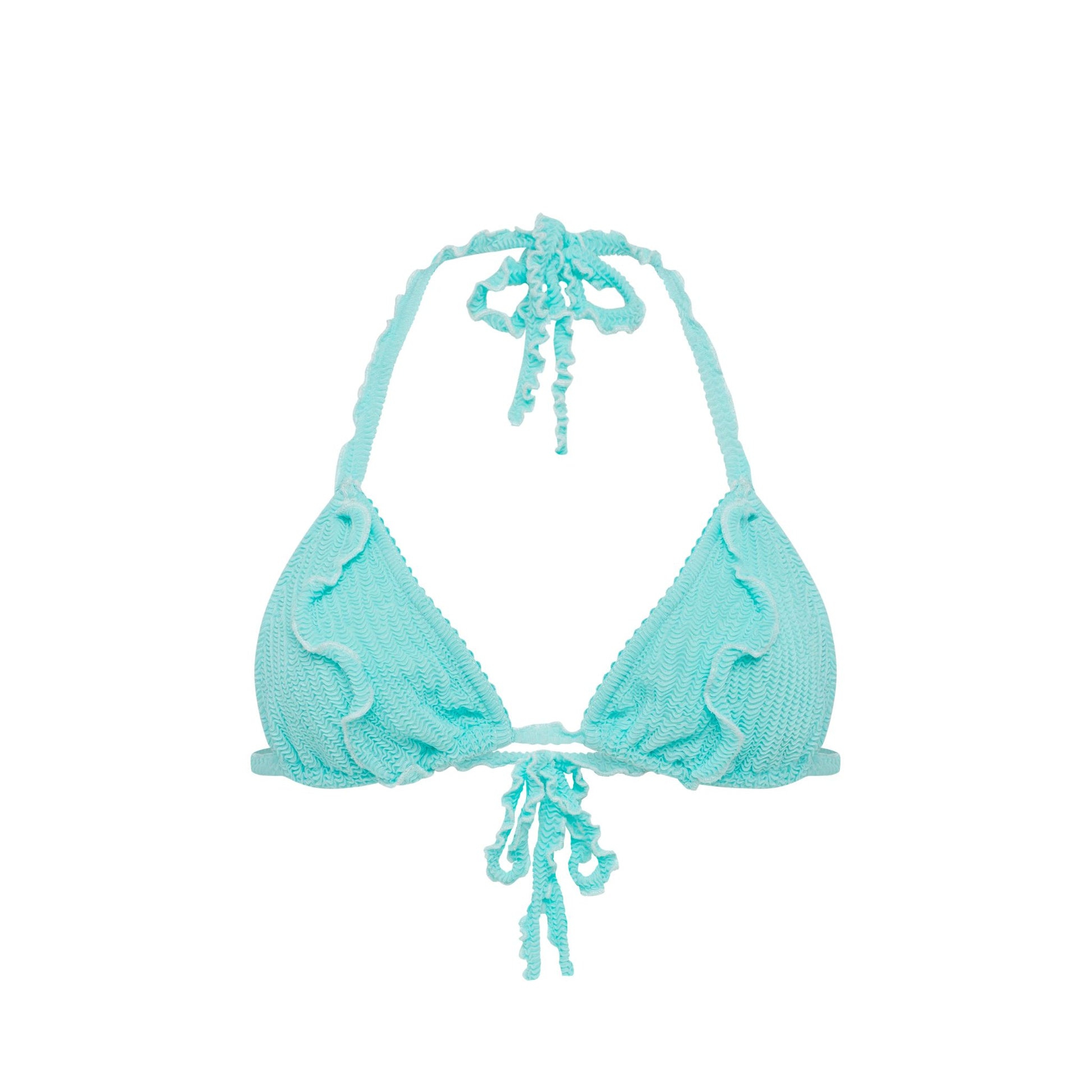 Mint triangle bikini top with tie straps and tassel accents